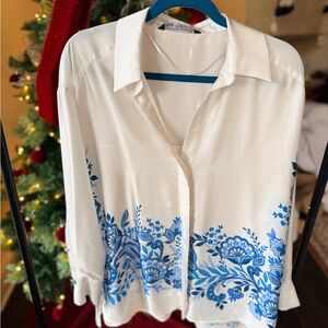 Zara White Blouse with Blue Floral Design